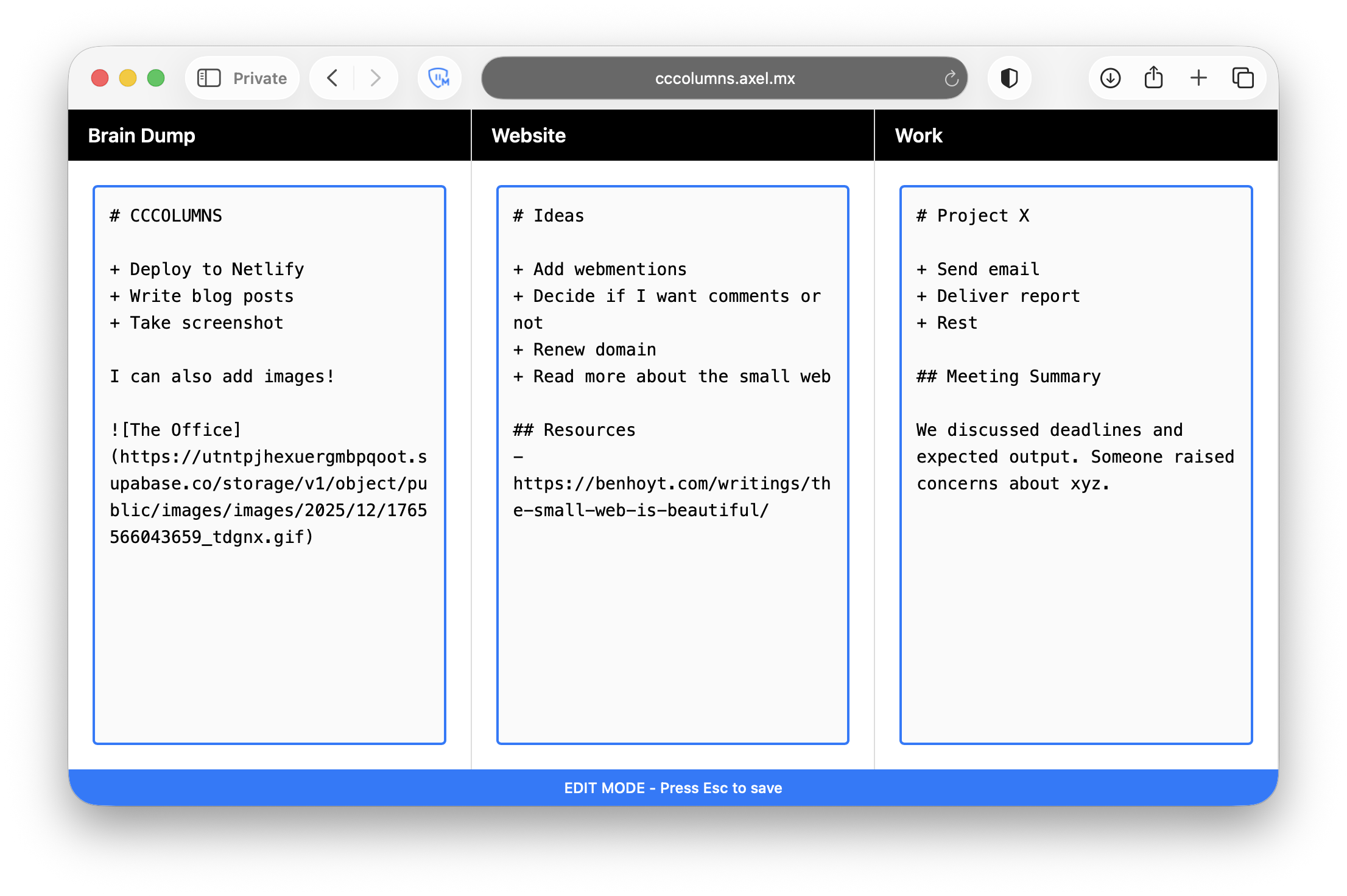 CCCOLUMNS in edit mode
